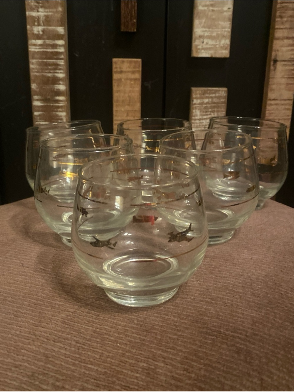 Vintage Libbey Aviation History Roly Poly Glasses 22k Gold Set of 6 Mid Century
